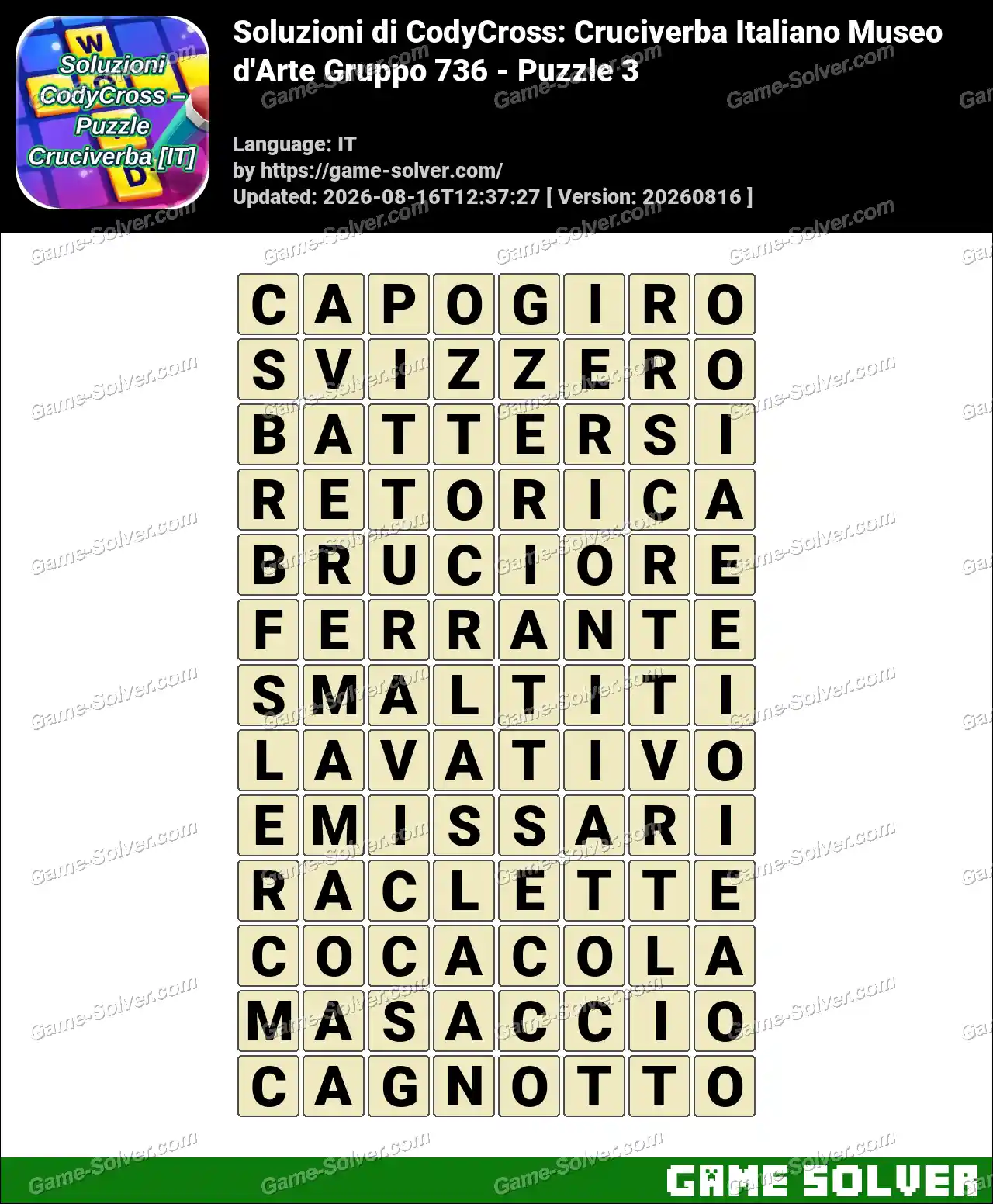 Soluzioni di CodyCross: Cruciverba Italiano Museo d’Arte Gruppo 736 – Puzzle 3